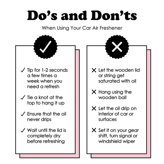 An infographic titled 'Do's and Don'ts' explaining how to use car air freshener, with two white panels on a light gray background. The left panel lists do's with checkmarks, and the right panel lists don'ts with red X marks.