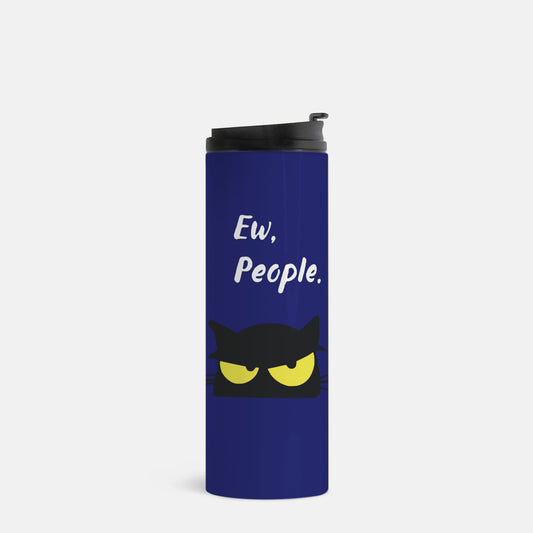 Ew, People. Navy Stainless Steel Tumbler, Black Cat, yellow eyes