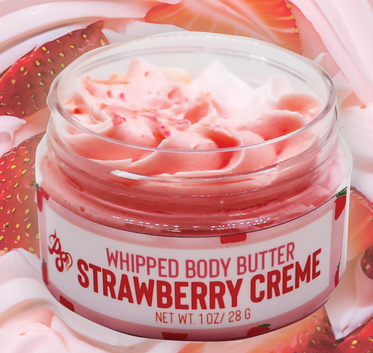 Strawberry Creme Whipped Body Butter on whipped strawberries background