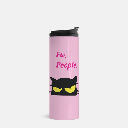 Ew, People. Pink Stainless Steel Tumbler, Black Cat, yellow eyes