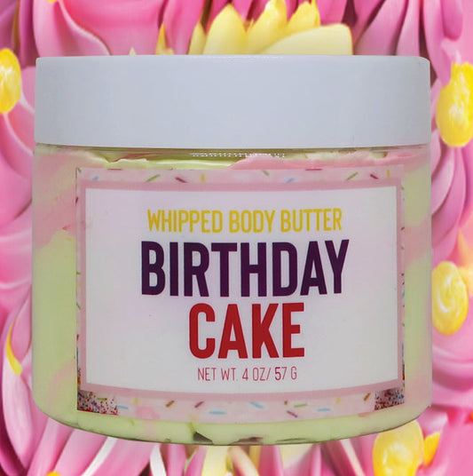 Birthday Cake Whipped body Butter on pink and yellow frosting backgroun