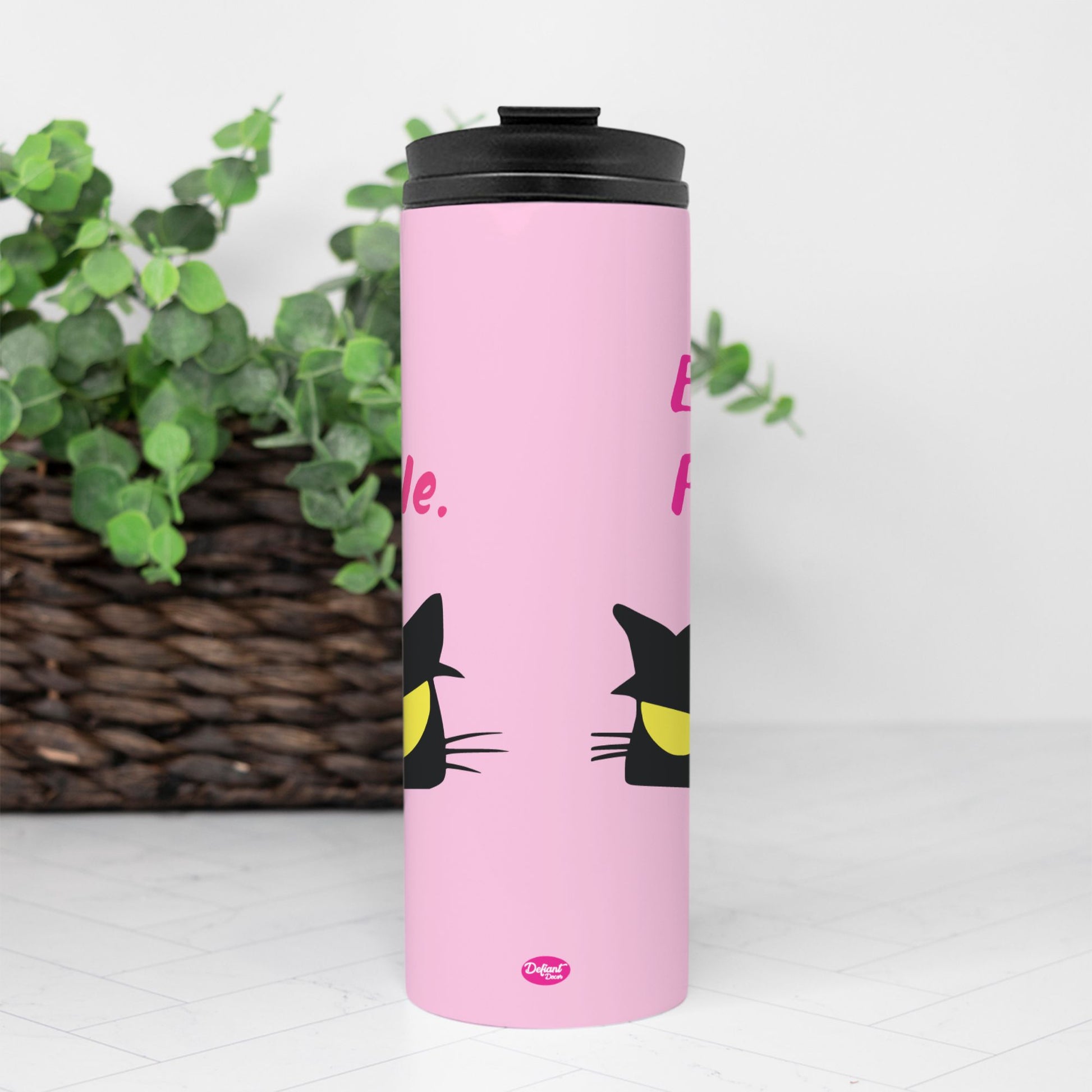 Ew, People. Pink Stainless Steel Tumbler, Black Cat, yellow eyes