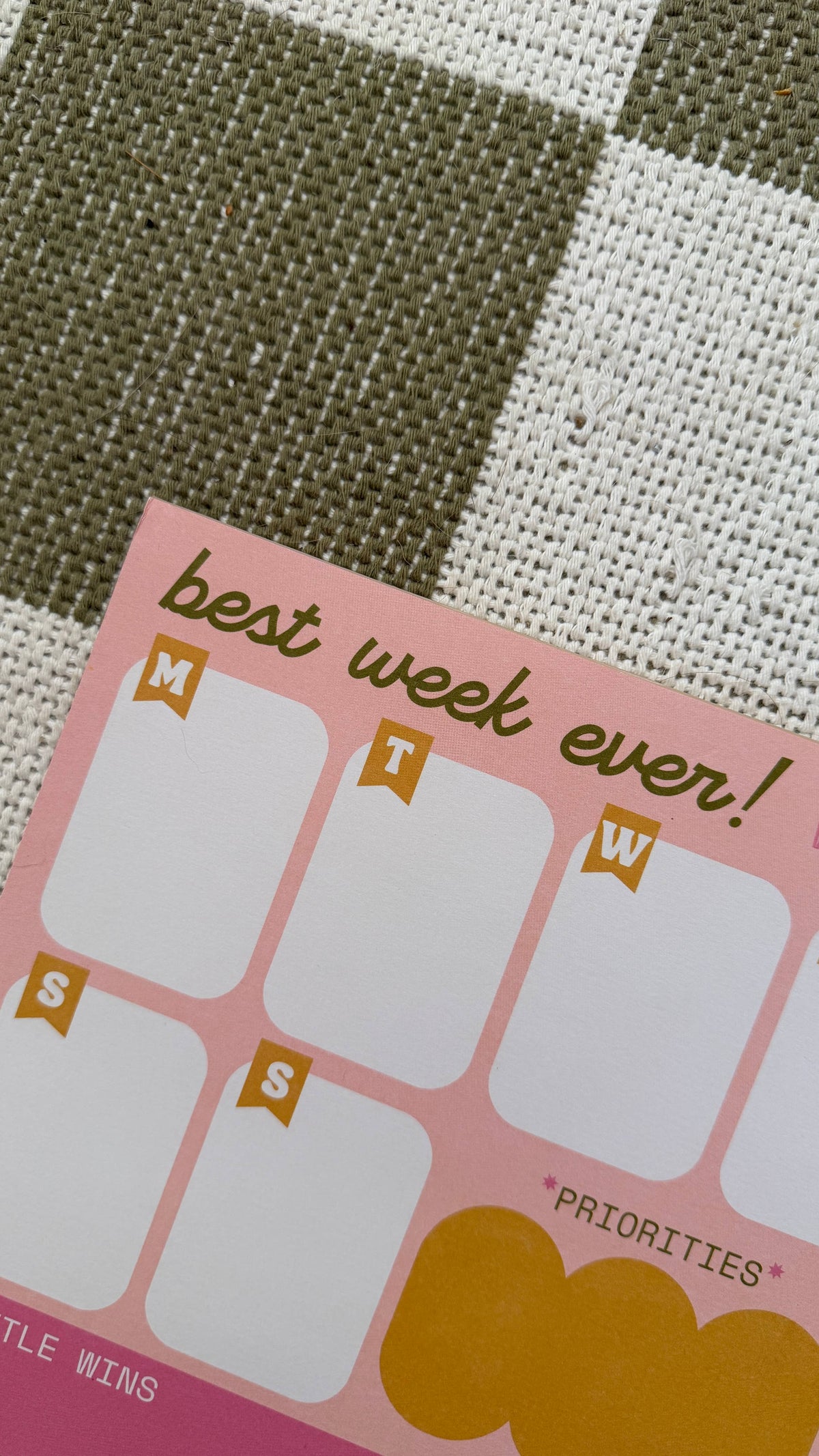 A close-up of a pink weekly planner sticker sheet with the text 'best week ever!' and labeled boxes for Monday through Sunday, placed on a woven green and white checkered fabric background.