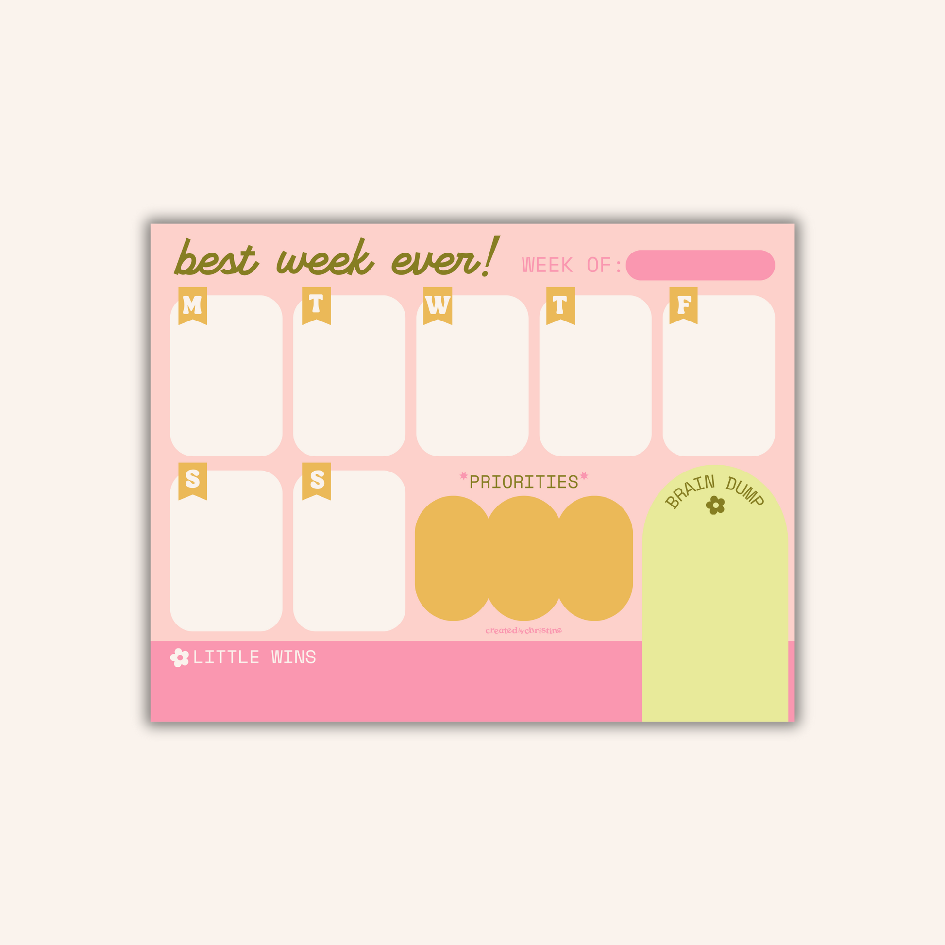 A weekly planner notepad with a pastel pink background, featuring sections for Monday through Friday, two Sunday boxes, a 'Priorities' area, and a light green sticky note labeled 'Brain Dump'. The brand name 'Little Wins' is visible in the bottom left corner.