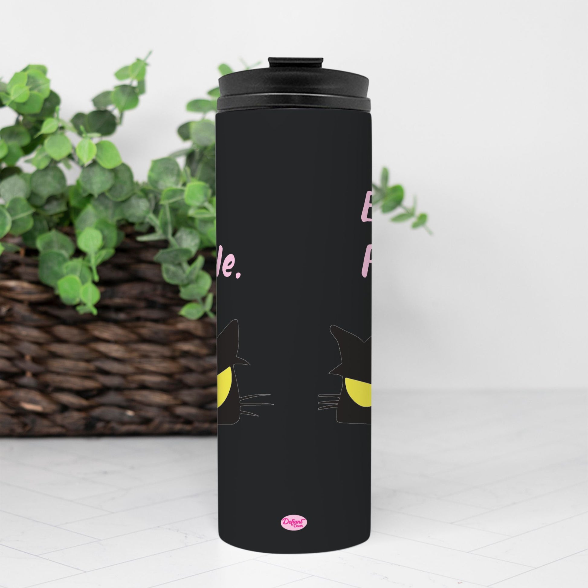 Ew, People. Black Stainless Steel Tumbler, Black Cat, yellow eyes